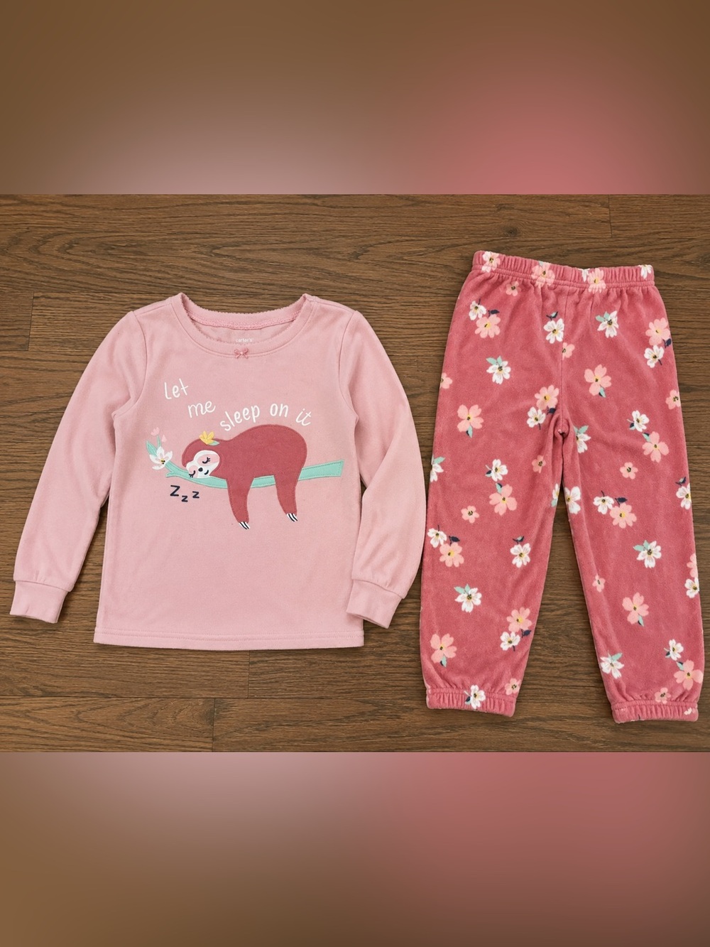 Carter's Girls Sloth Pink Fleece Pajama Set Size 5 Like New